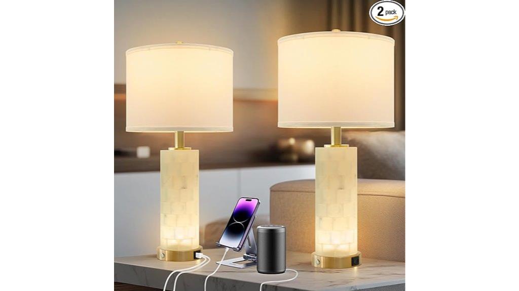 set of two alabaster nightstand lamps