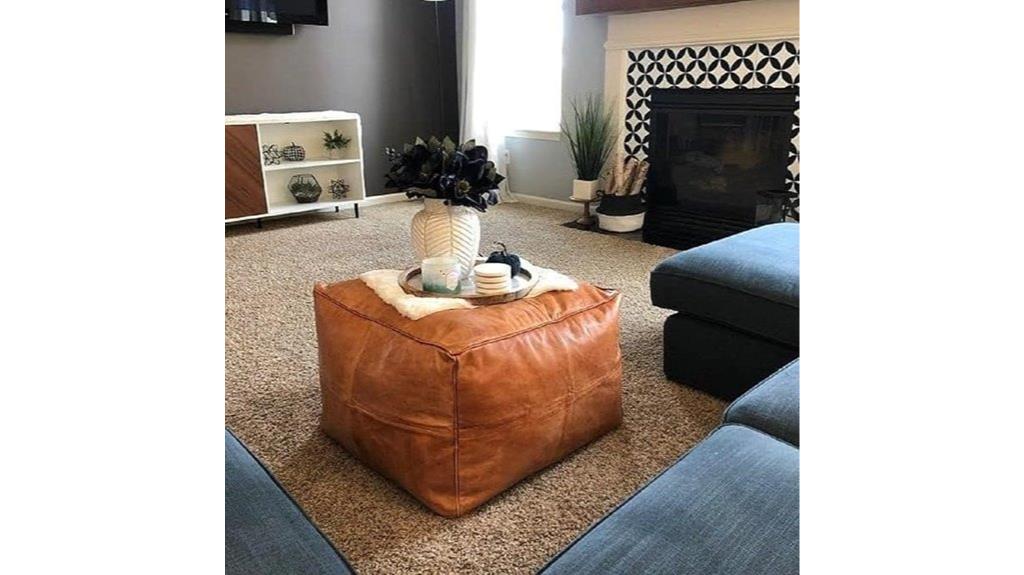 tan leather crunch pouf