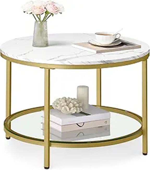 VASAGLE Round Coffee Table Faux Marble & Glass Shelf