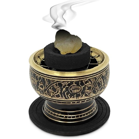 India Brass Charcoal Incense Burner with Wooden Coaster