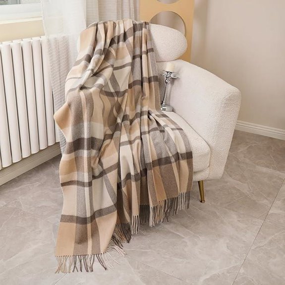 Pure Wool Blanket Lightweight Tartan-Camel/Cream