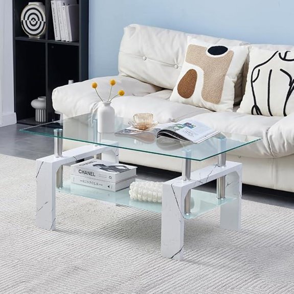 Living Room Coffee Table with Wooden Legs and Marble Top