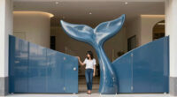 blue aluminum panels curve to shape a whale-like entrance gate by wutopia lab