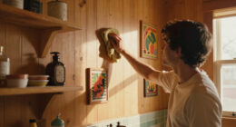 A Basically All-Wood Paneled '70s Bathroom Got an Americana Folk Makeover