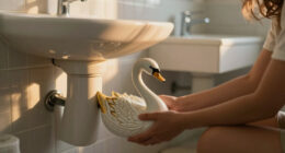 She Used A Ceramic Swan To Hide This Major Bathroom Eyesore